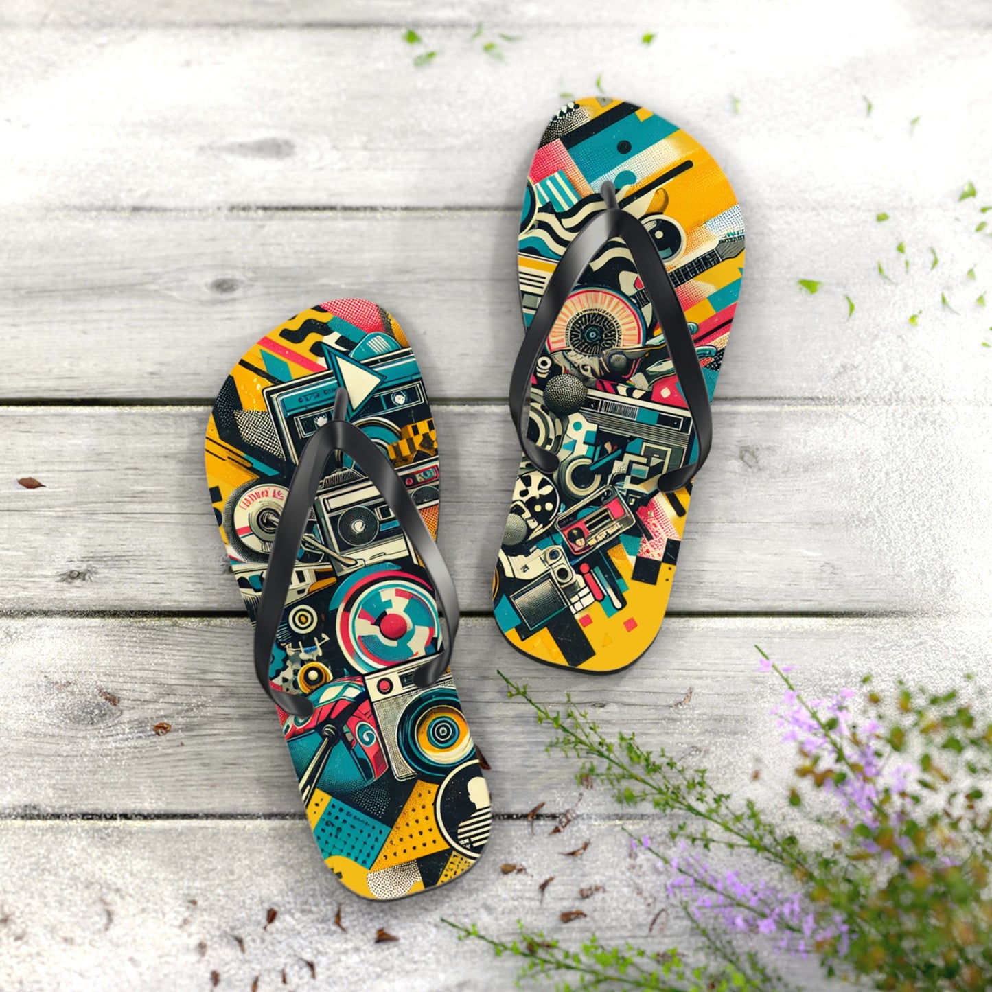 Retro Wave Pop Art Flip Flops - Vibrant Tech Design