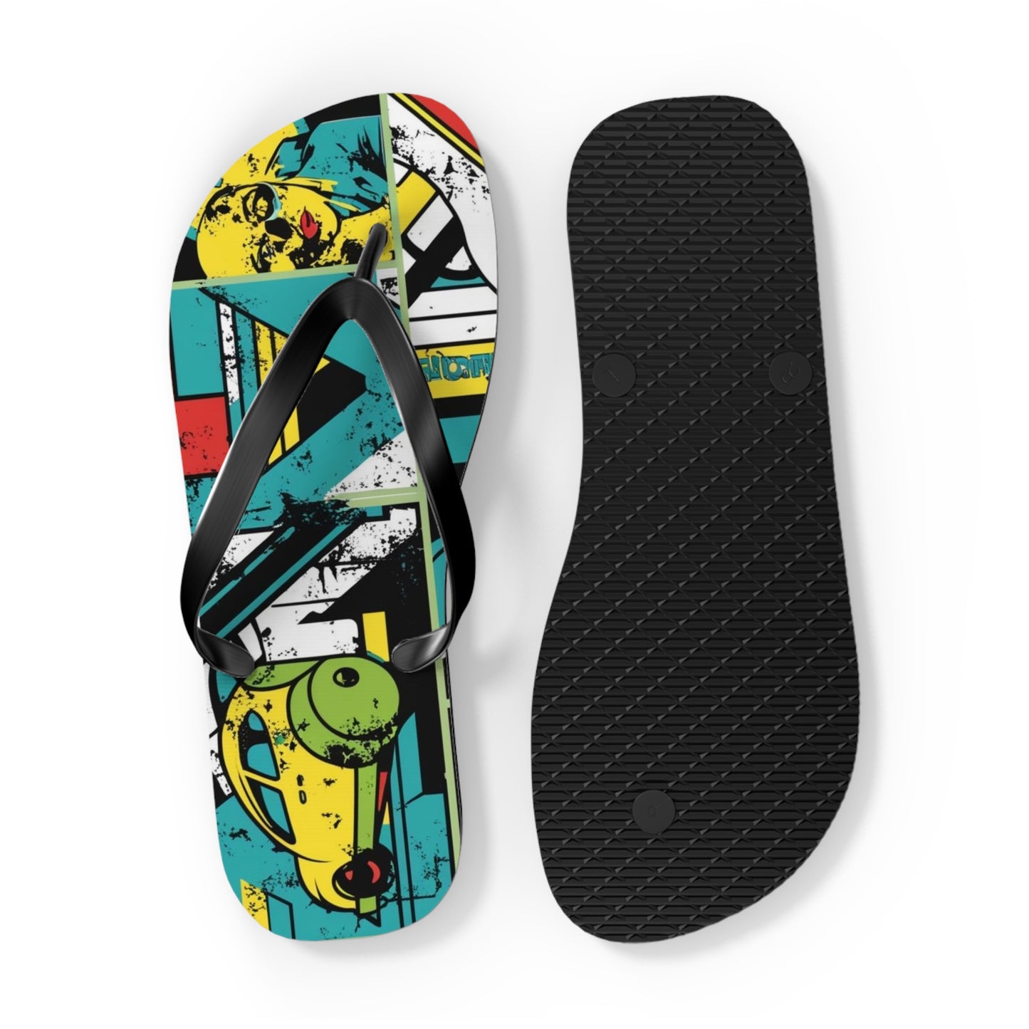Eclectic Postmodern Flip Flops - Vibrant Cartoon Mashup