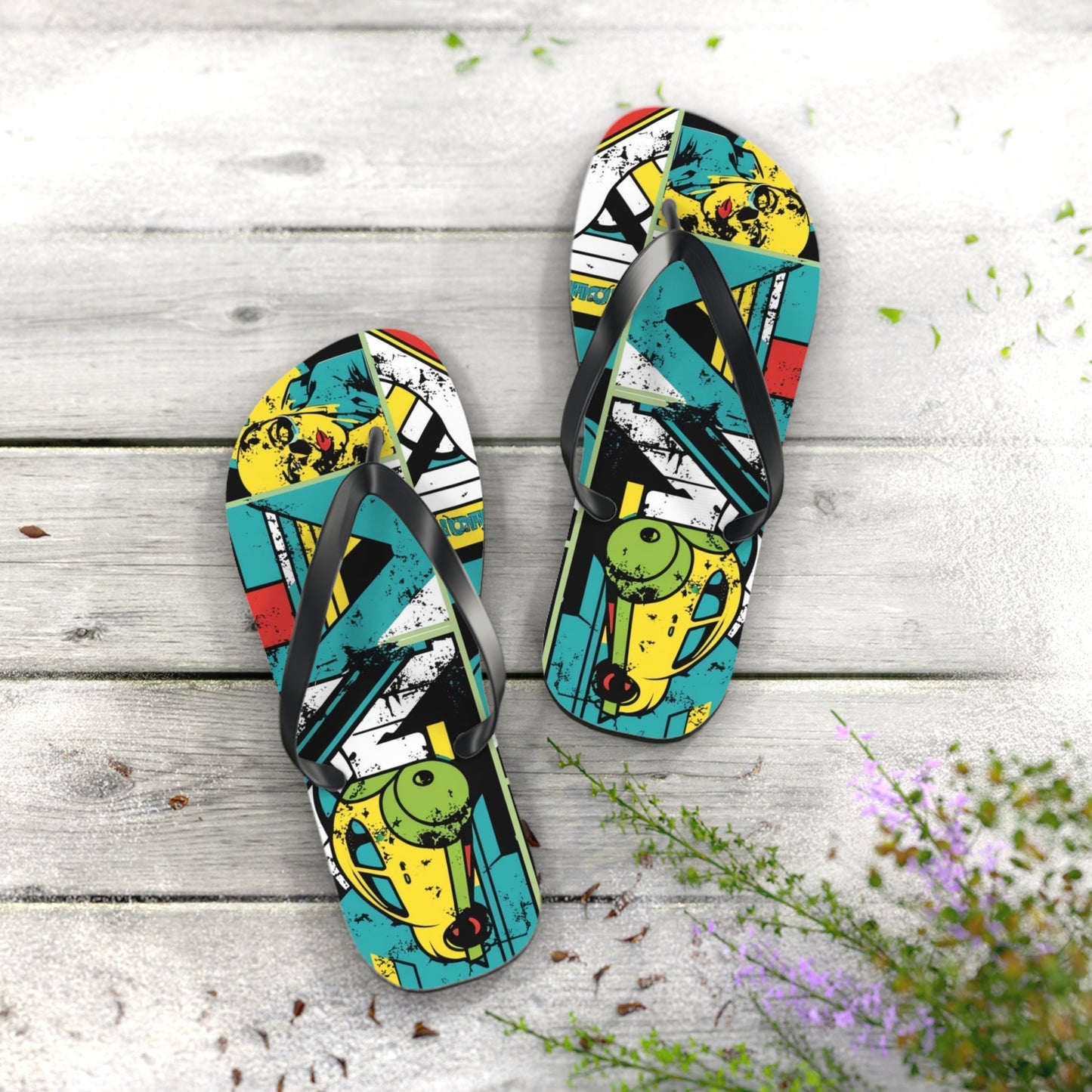 Eclectic Postmodern Flip Flops - Vibrant Cartoon Mashup