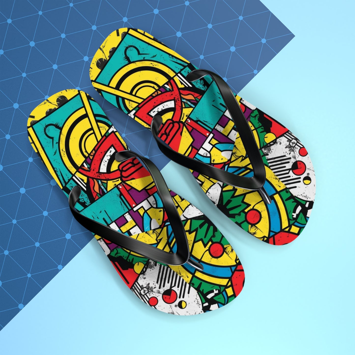 Eclectic Postmodern Flip Flops - Bold Geometric Pattern