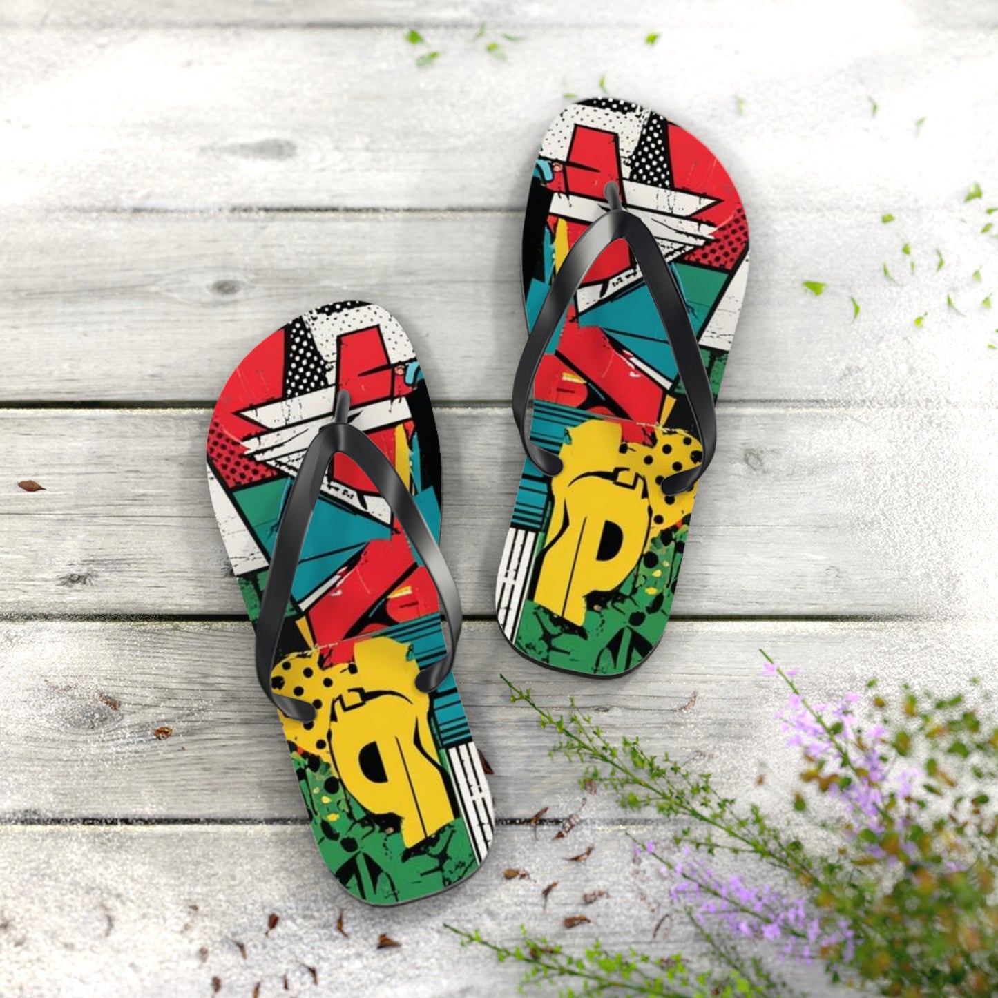 Vibrant Postmodern Flip Flops - Eclectic Mosaic Design