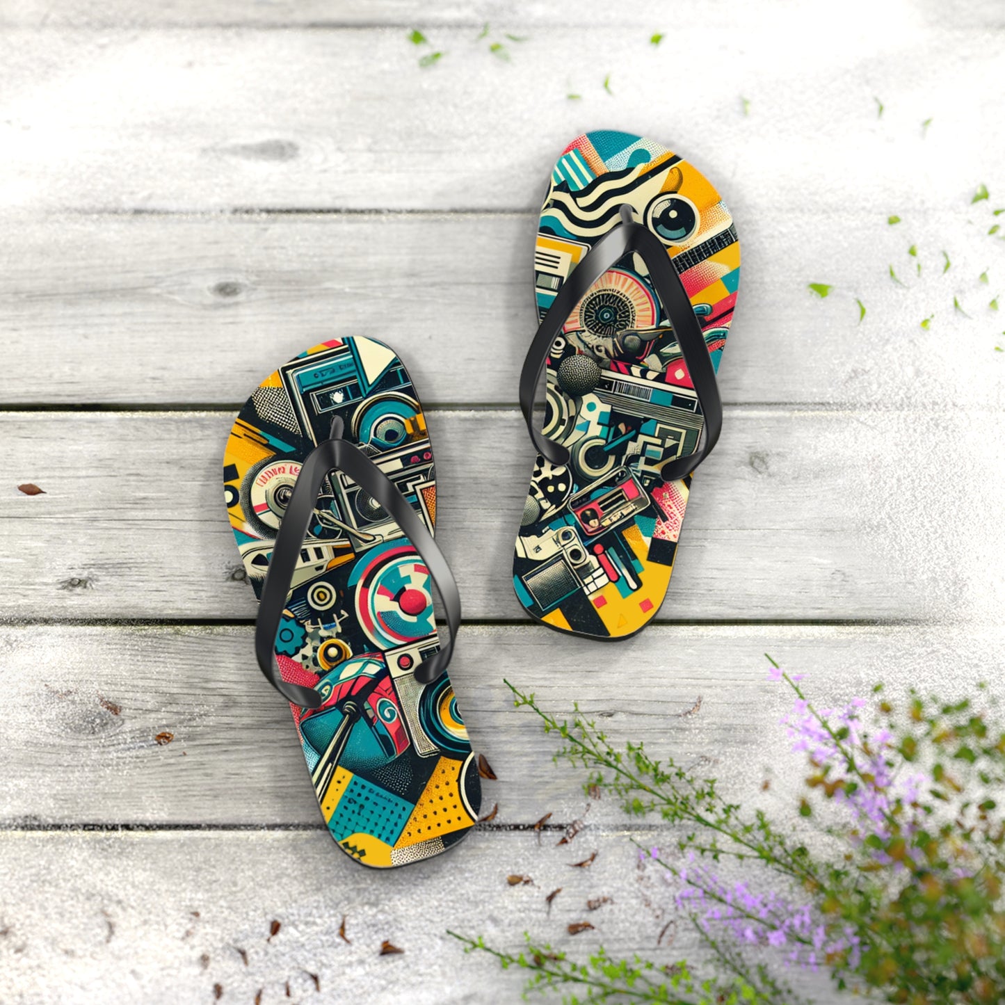 Retro Wave Pop Art Flip Flops - Vibrant Tech Design