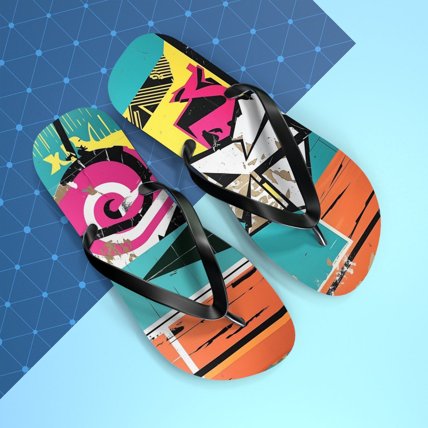Dynamic Postmodern Flip Flops - Vibrant Graffiti Pattern
