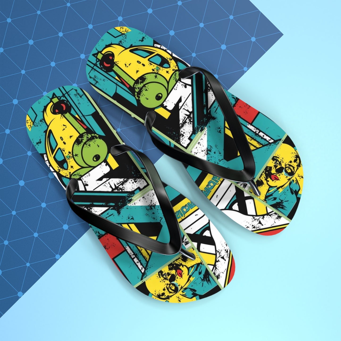 Eclectic Postmodern Flip Flops - Vibrant Cartoon Mashup
