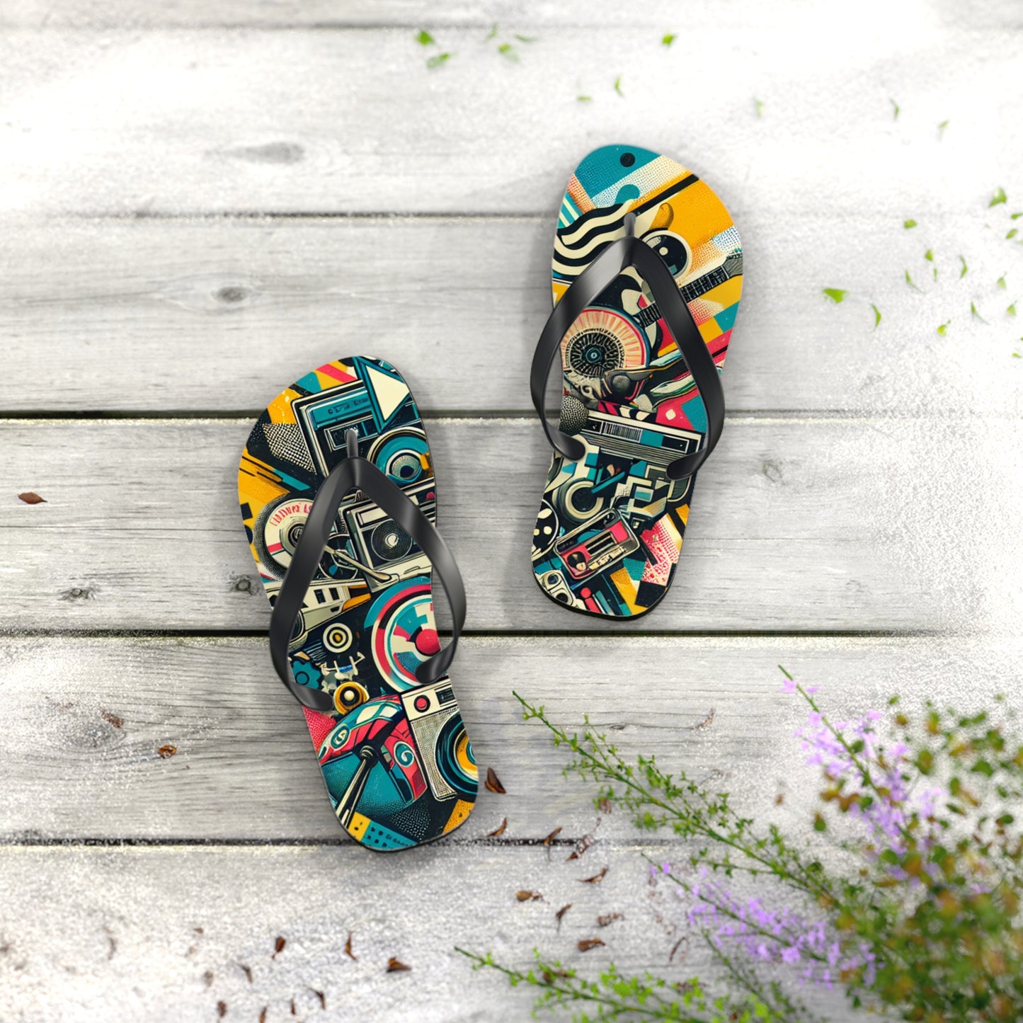 Retro Wave Pop Art Flip Flops - Vibrant Tech Design