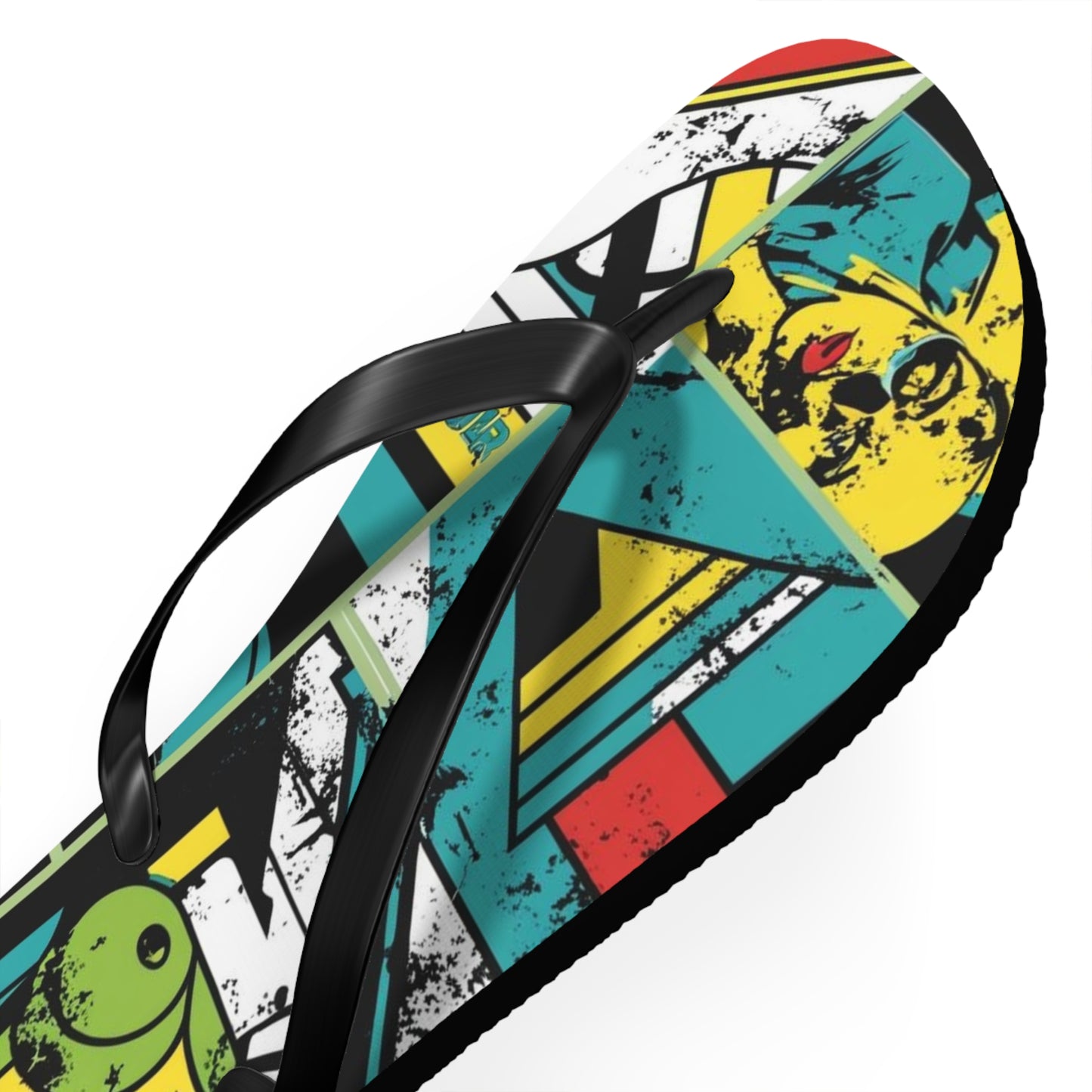 Eclectic Postmodern Flip Flops - Vibrant Cartoon Mashup