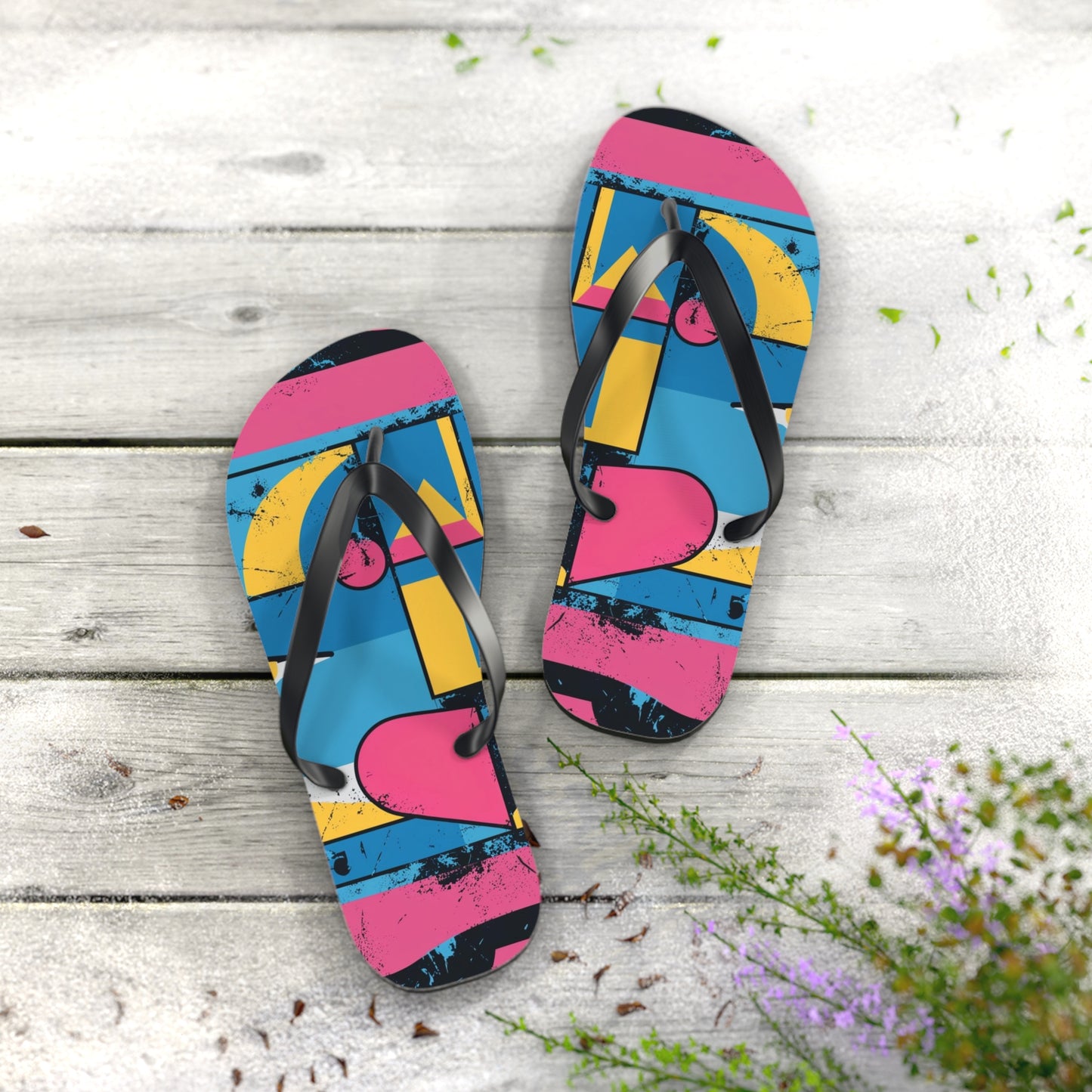 Playful Postmodern Flip Flops - Vibrant Geometric Design