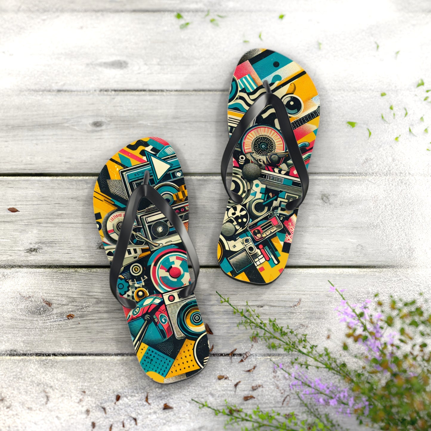 Retro Wave Pop Art Flip Flops - Vibrant Tech Design