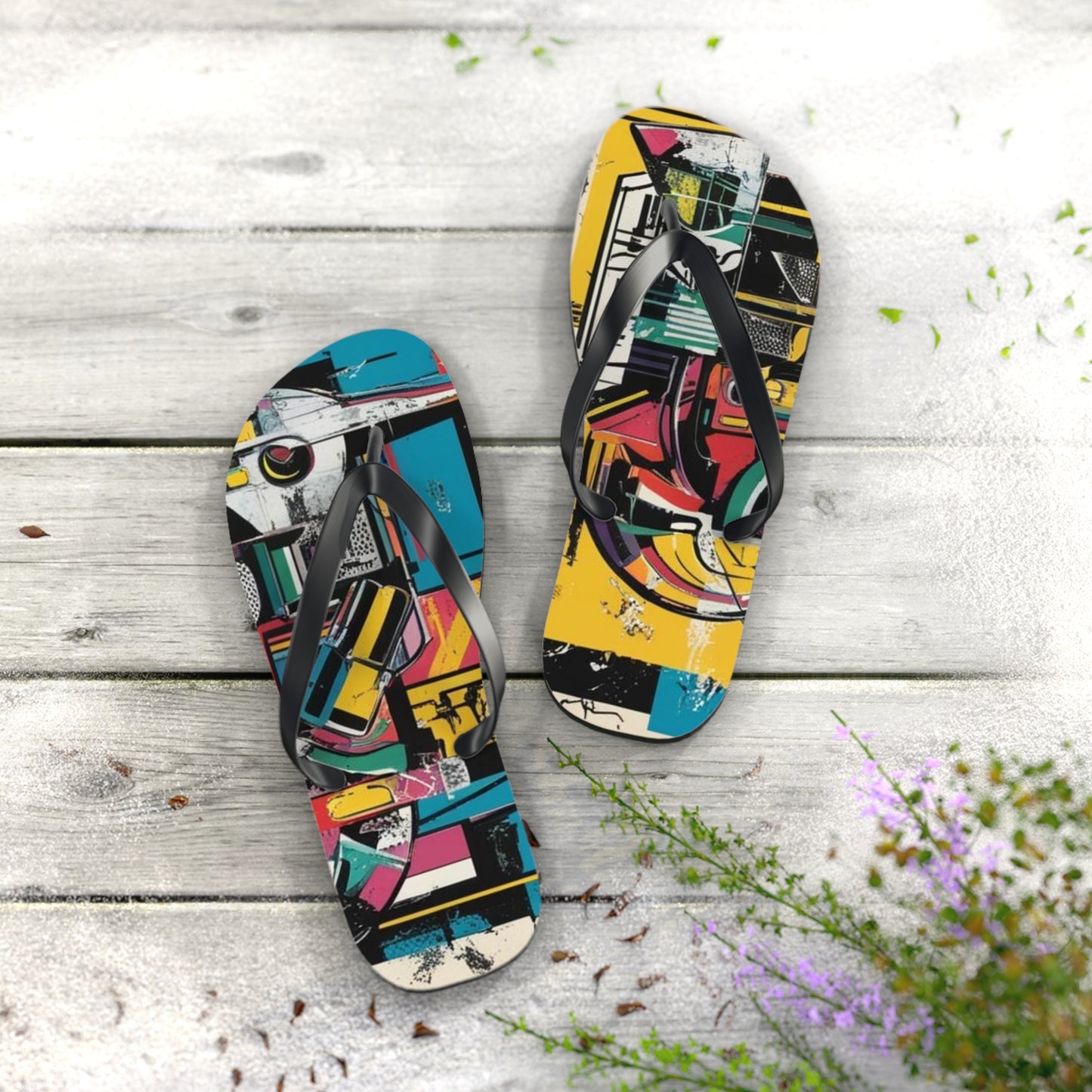 Abstract Street Art Flip Flops - Vibrant Urban Mashup