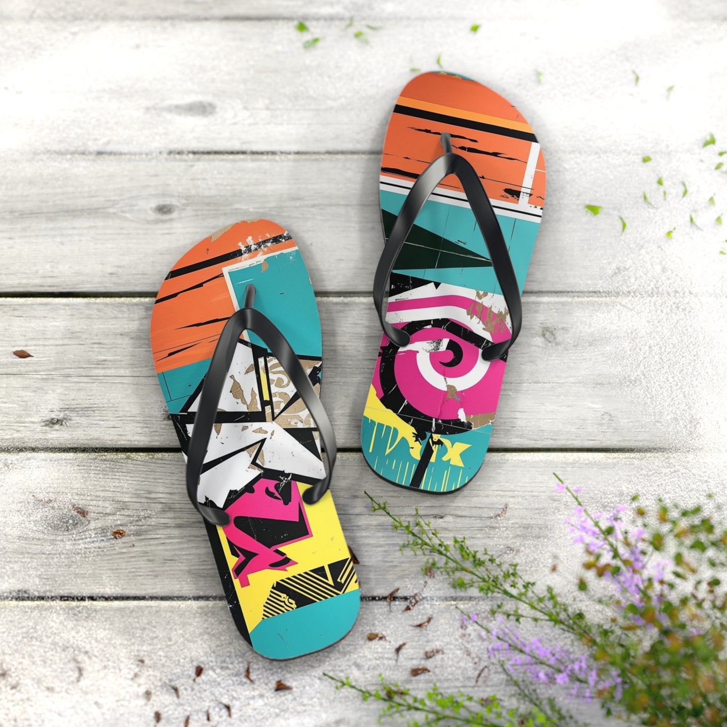 Dynamic Postmodern Flip Flops - Vibrant Graffiti Pattern