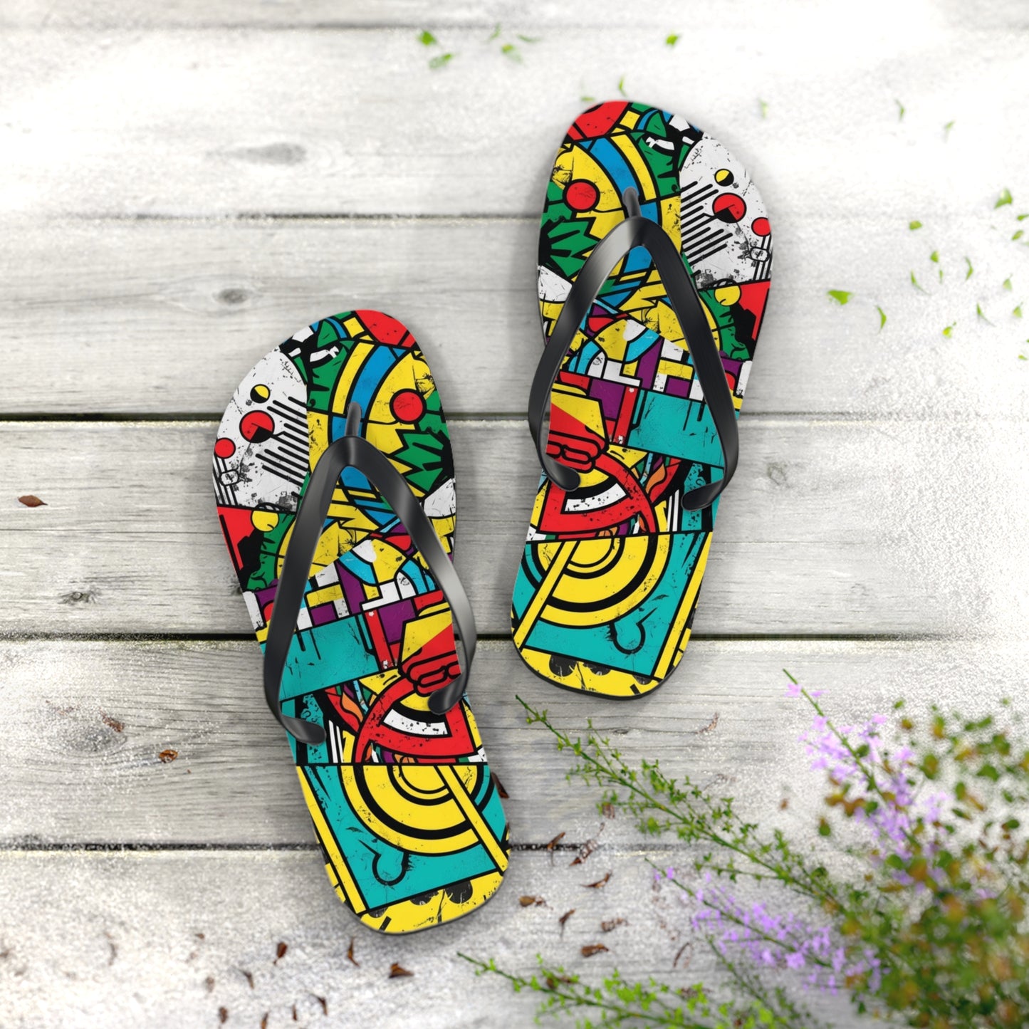 Eclectic Postmodern Flip Flops - Bold Geometric Pattern