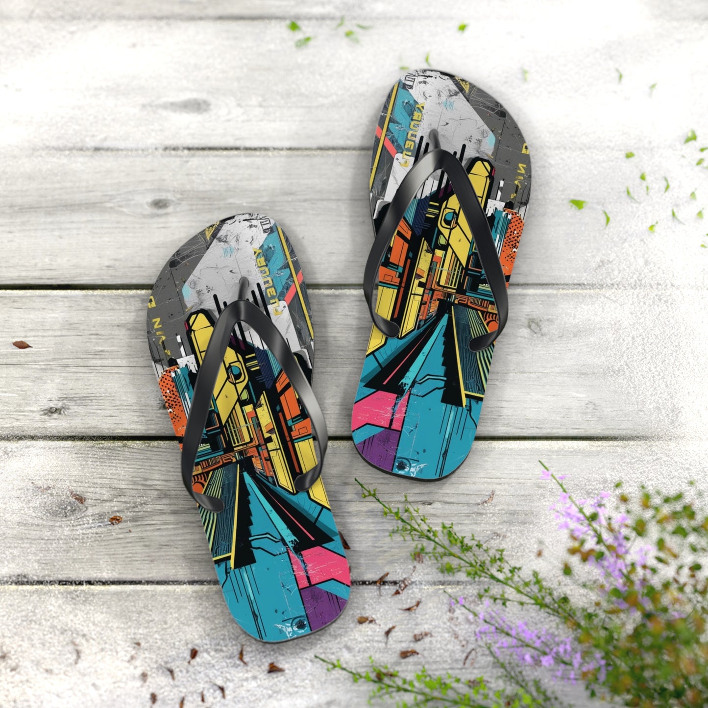 Futuristic Postmodern Flip Flops - Bold Cityscape Art