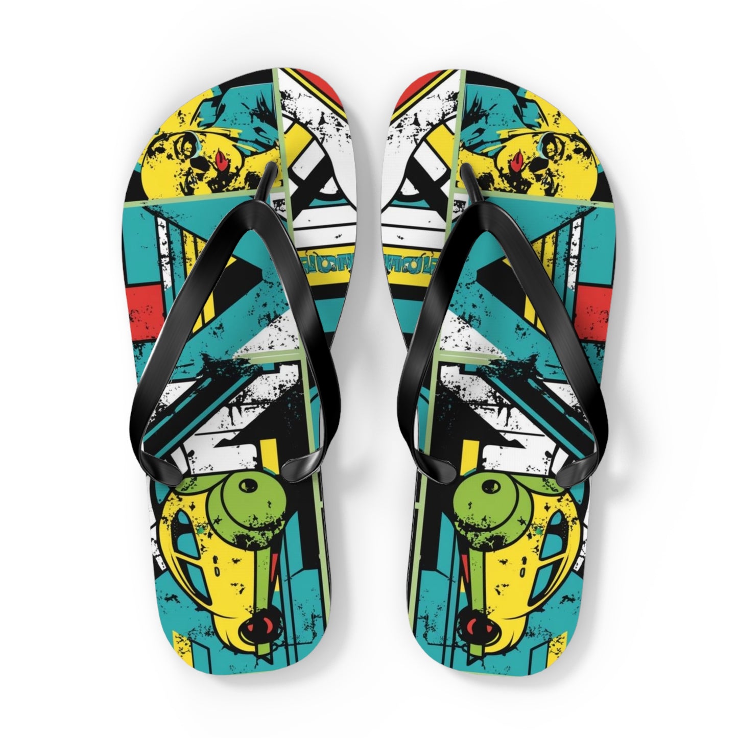 Eclectic Postmodern Flip Flops - Vibrant Cartoon Mashup