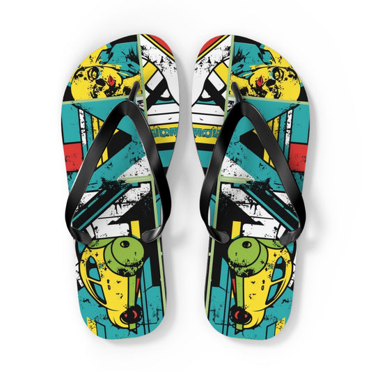 Eclectic Postmodern Flip Flops - Vibrant Cartoon Mashup